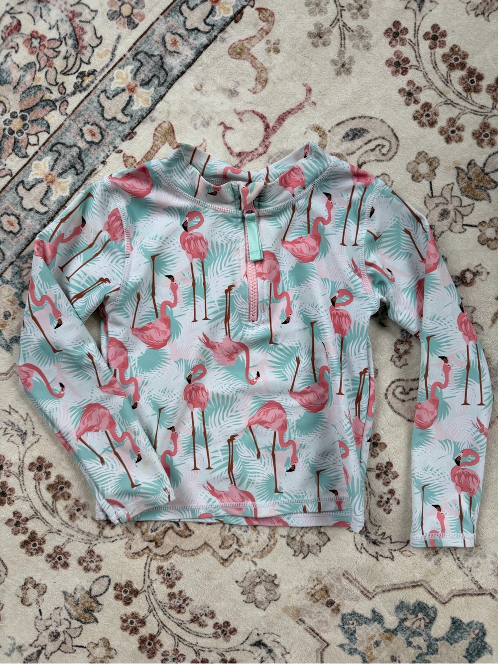 Ruffle Butts Pink Flamingo Zip Swim Top with Aqua Leaves- 4T